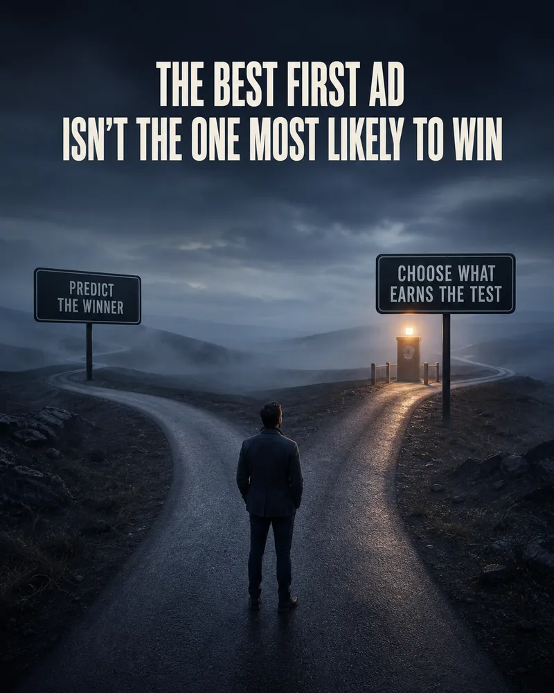 the-best-first-ad-social-graphic-final A decision-maker at a fork choosing between predicting a winning ad and choosing the ad that has earned the first test.
