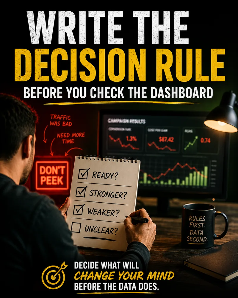 Marketer writes a four-bucket decision rule before checking a campaign dashboard: Ready, Stronger, Weaker, or Unclear.